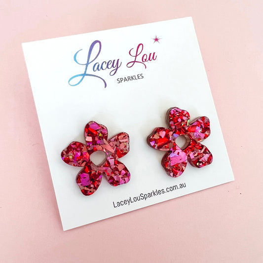 Small Acrylic Flower Studs - Rose Glitter - Lacey Lou Sparkles