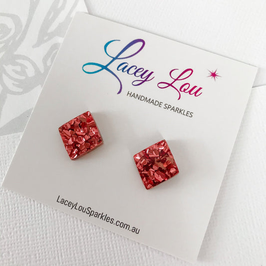 Small Diamond Stud - Rose Gold Chunky Glitter Acrylic Earrings - Lacey Lou Sparkles