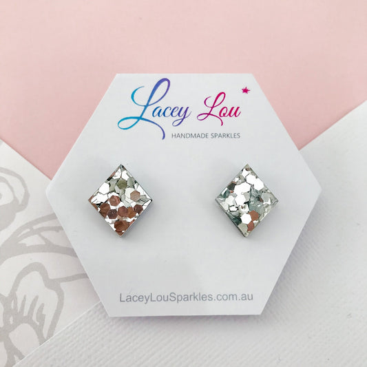 Small Diamond Stud - Silver Chunky Glitter Acrylic Earrings - Lacey Lou Sparkles