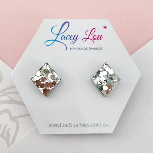 Small Diamond Stud - Silver Chunky Glitter Acrylic Earrings - Lacey Lou Sparkles