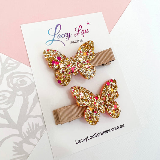 Small Glittery Gold Butterfly Hair Clips - Lacey Lou Sparkles