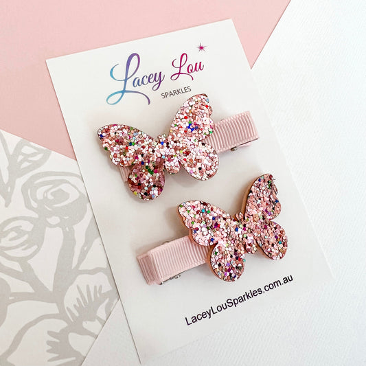 Small Glittery Pink Butterfly Hair Clips - Lacey Lou Sparkles