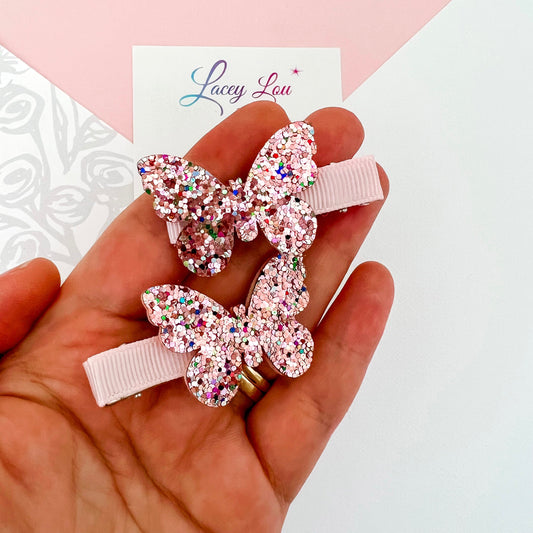 Small Glittery Pink Butterfly Hair Clips - Lacey Lou Sparkles