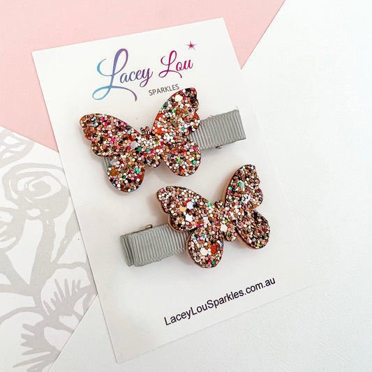 Small Glittery Platinum Butterfly Hair Clips - Lacey Lou Sparkles