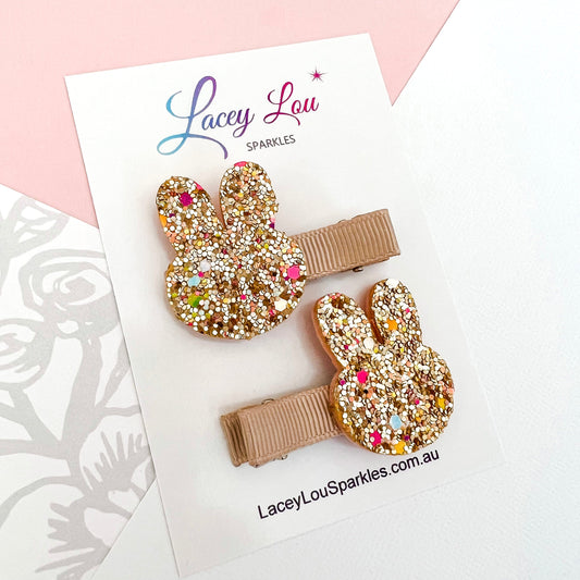 Small Gold Glittery Easter Hair Clips - Lacey Lou Sparkles