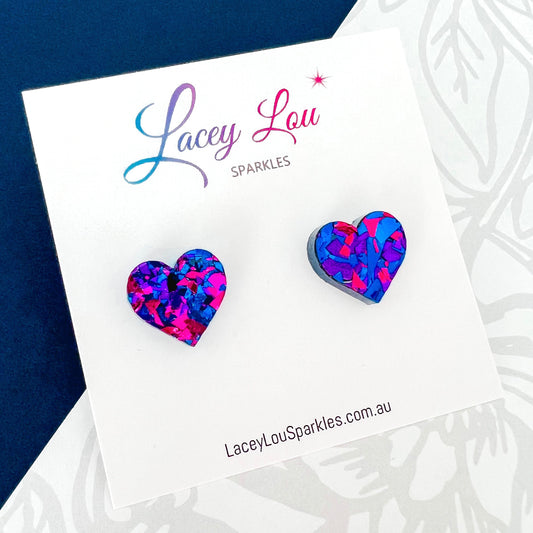Small Heart Acrylic Studs (15mm) - Midnight Blue Glitter - Lacey Lou Sparkles