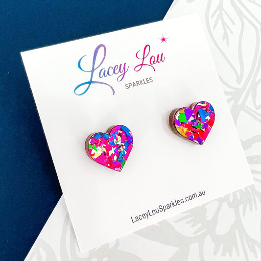 Small Heart Acrylic Studs (15mm) - Rainbow Glitter - Lacey Lou Sparkles