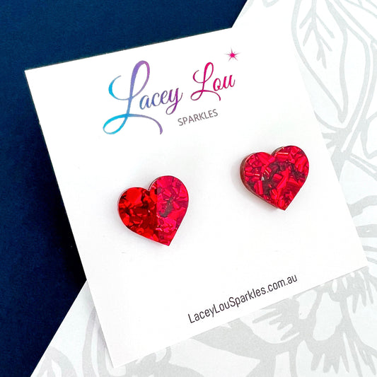 Small Heart Acrylic Studs (15mm) - Red Chunky Glitter - Lacey Lou Sparkles