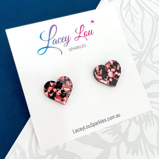 Small Heart Acrylic Studs (15mm) - Rose Gold and Black Glitter - Lacey Lou Sparkles