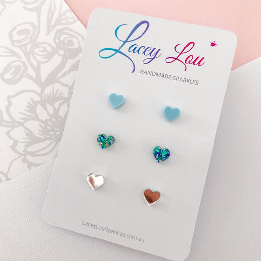 Small Heart Stud Set - Blue and Silver Acrylic Studs - Lacey Lou Sparkles