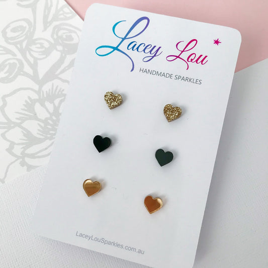 Small Heart Stud Set - Gold and Black Acrylic Earrings - Lacey Lou Sparkles