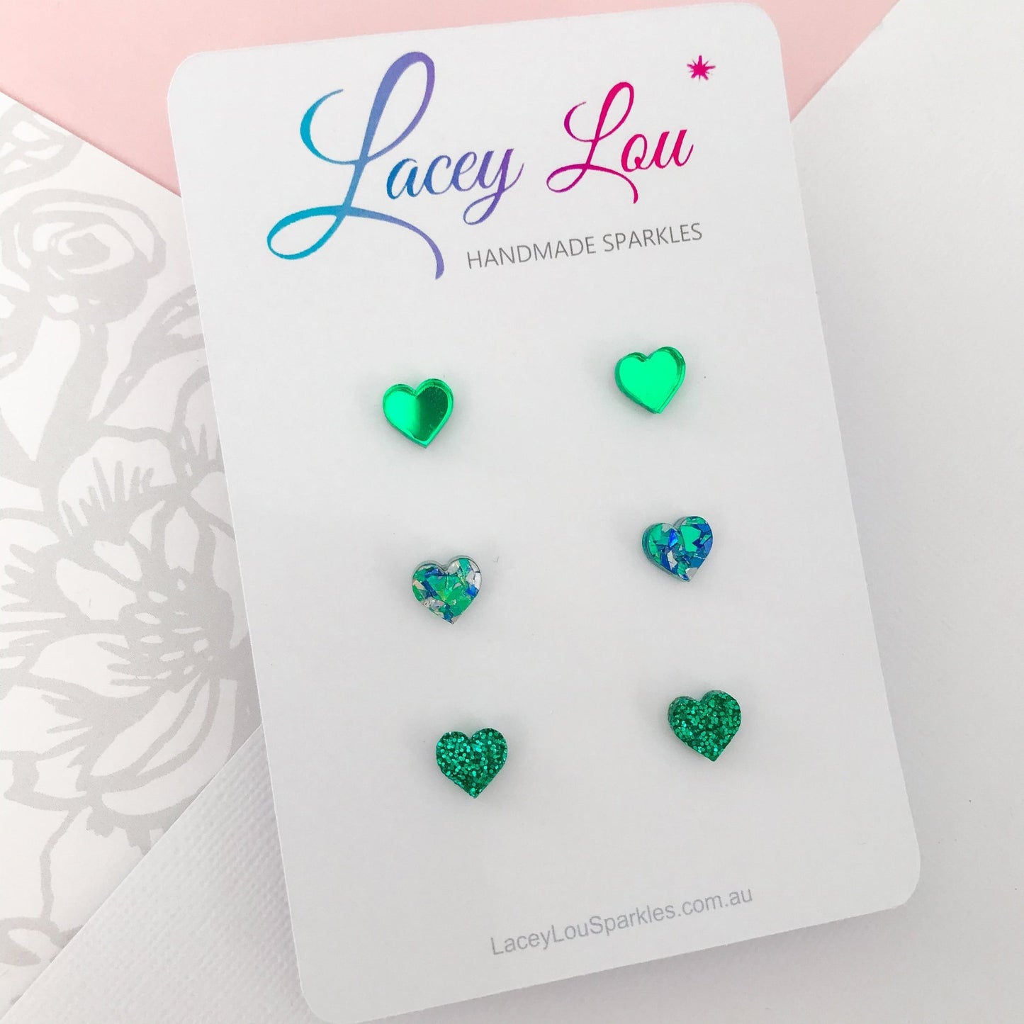 Small Heart Stud Set - Green Acrylic Earrings - Lacey Lou Sparkles
