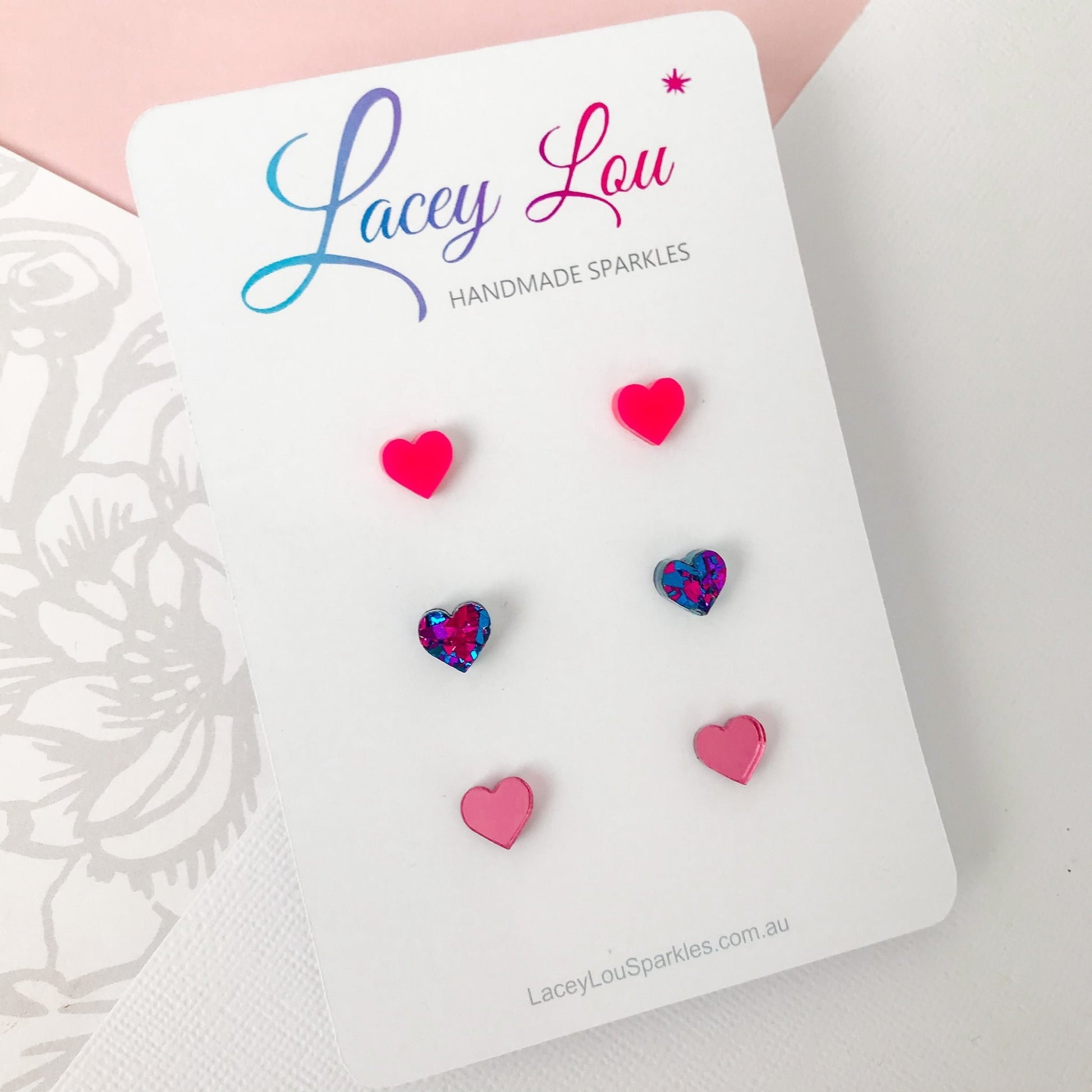 Small Heart Stud Set - Pink and Purple Acrylic Earrings - Lacey Lou Sparkles