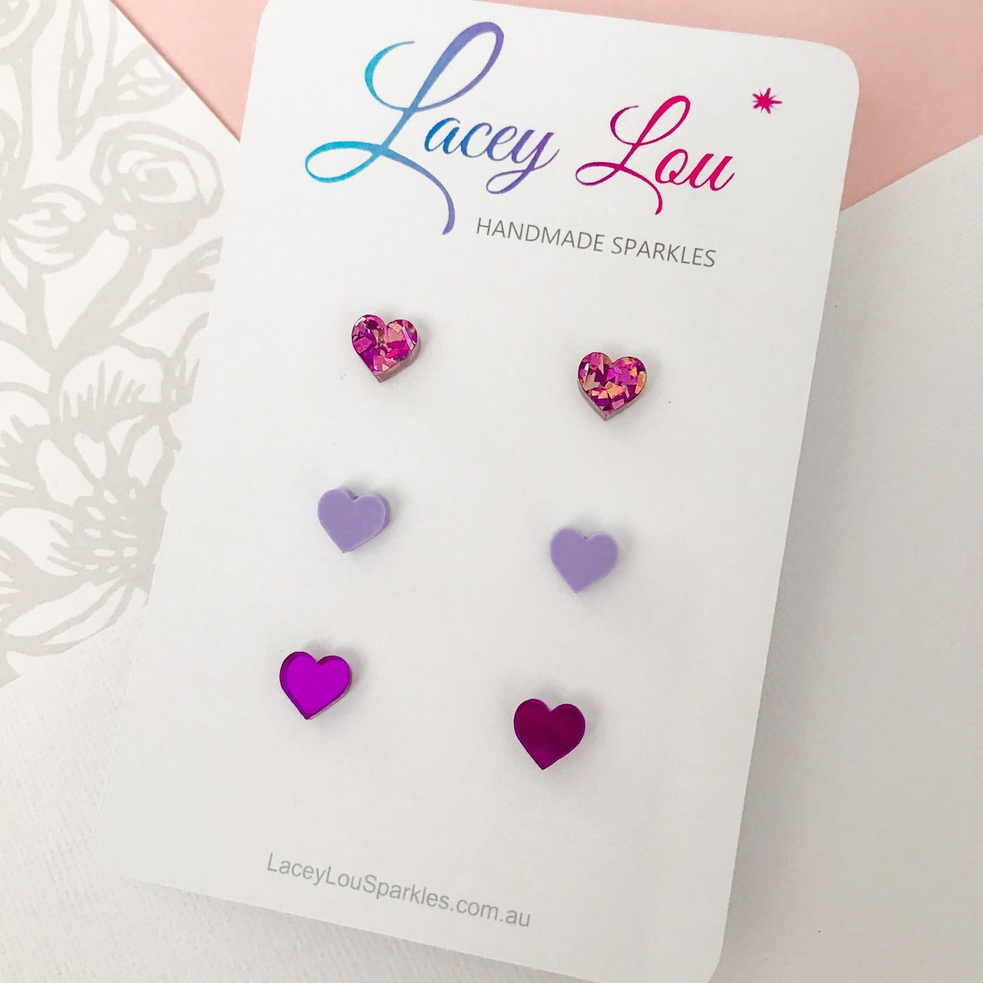 Small Heart Stud Set - Pink and Purple Acrylic Earrings - Lacey Lou Sparkles