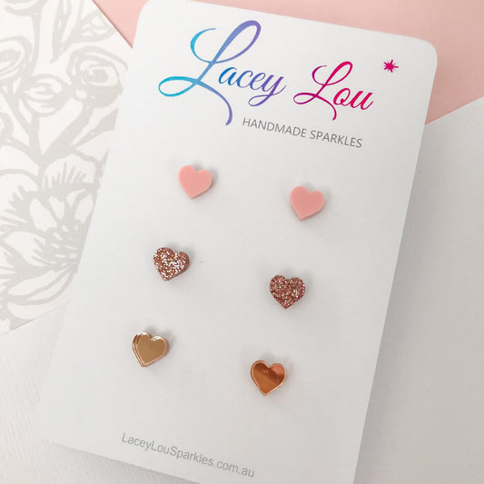 Small Heart Stud Set - Rose Gold and Pink Acrylic Studs - Lacey Lou Sparkles