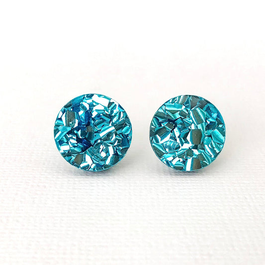Small Round Acrylic Studs (15mm) - Baby Blue Chunky Glitter - Lacey Lou Sparkles