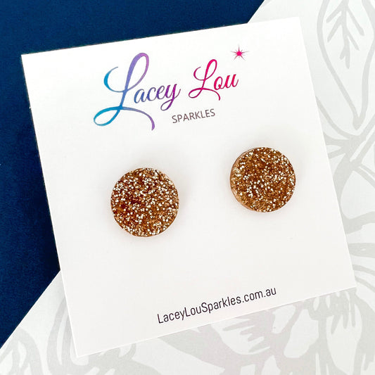 Small Round Acrylic Studs (15mm) - Gold Fine Glitter - Lacey Lou Sparkles