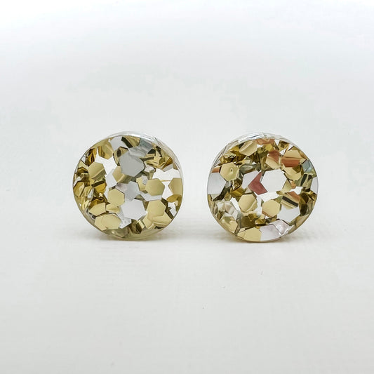 Small Round Acrylic Studs (15mm) - Gold & Silver Chunky Glitter - Lacey Lou Sparkles
