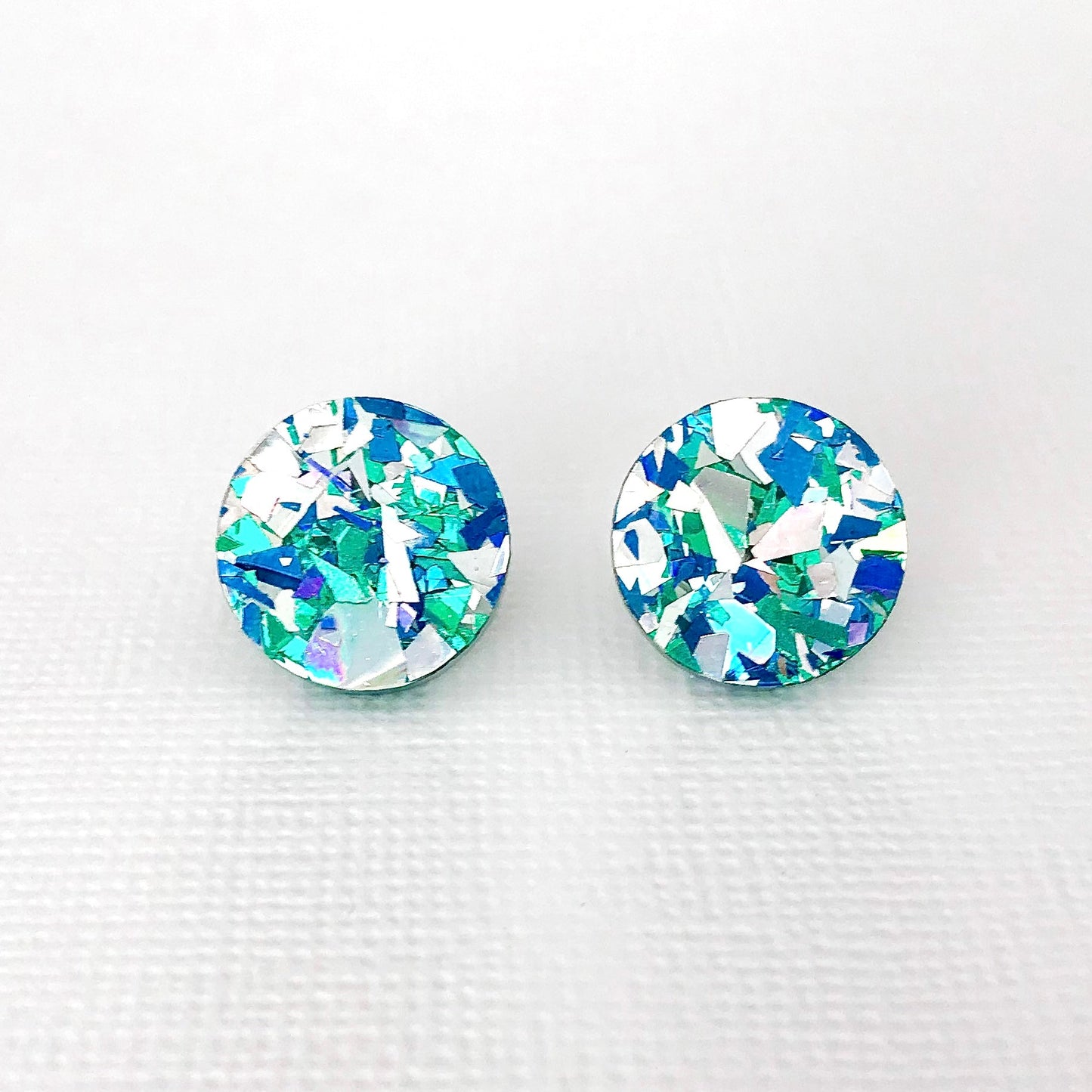 Small Round Acrylic Studs (15mm) - Ice Blue Shard Glitter - Lacey Lou Sparkles