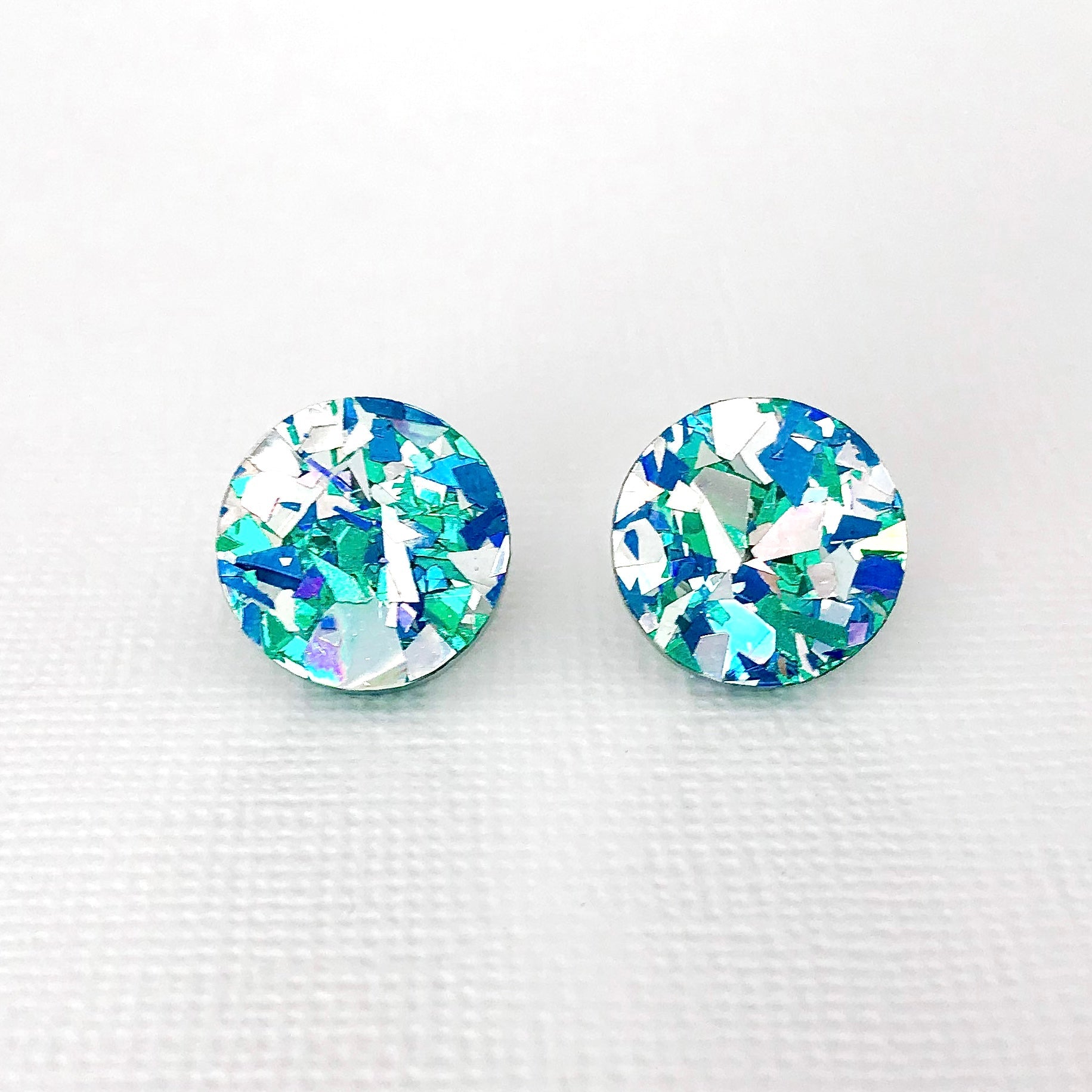 Small Round Acrylic Studs (15mm) - Ice Blue Shard Glitter - Lacey Lou Sparkles