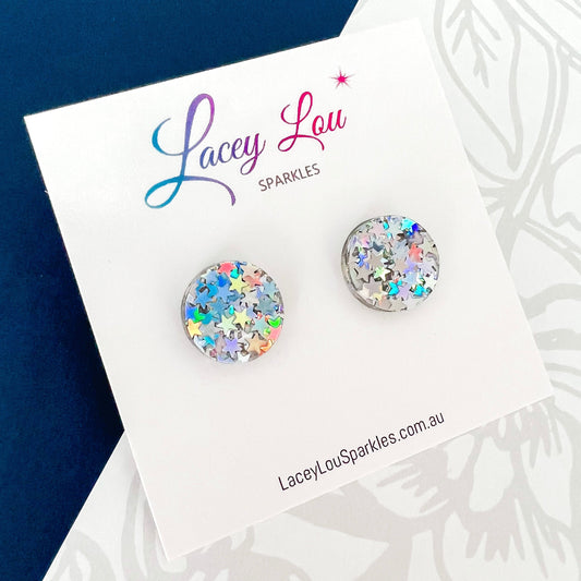 Small Round Acrylic Studs (15mm) - Luxe Silver Glitter - Lacey Lou Sparkles