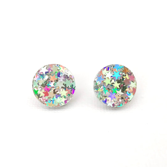 Small Round Acrylic Studs (15mm) - Luxe Silver Glitter - Lacey Lou Sparkles