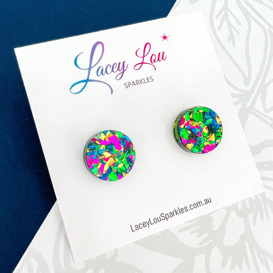 Small Round Acrylic Studs (15mm) - Party Green Shard Glitter - Lacey Lou Sparkles