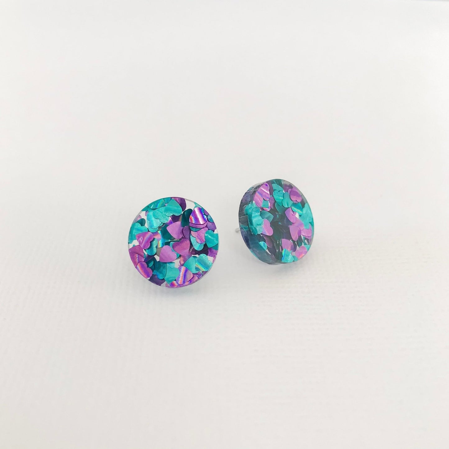 Small Round Acrylic Studs (15mm) - Peacock Chunky Glitter - Lacey Lou Sparkles