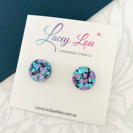 Small Round Acrylic Studs (15mm) - Peacock Chunky Glitter - Lacey Lou Sparkles