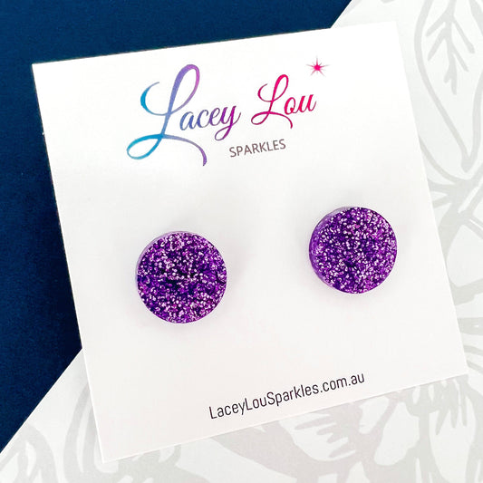 Small Round Acrylic Studs (15mm) - Purple Fine Glitter - Lacey Lou Sparkles