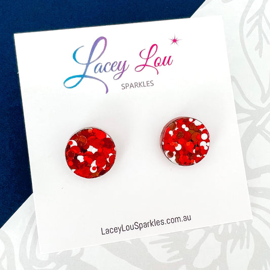 Small Round Acrylic Studs (15mm) - Red and White Chunky Glitter - Lacey Lou Sparkles