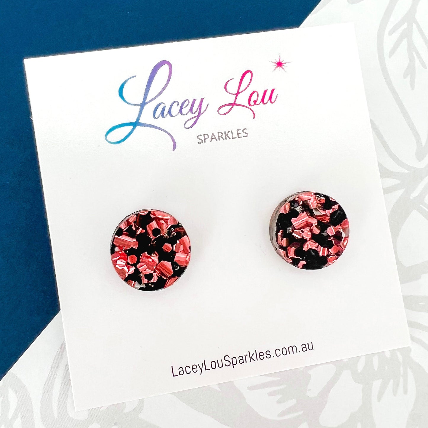 Small Round Acrylic Studs (15mm) - Rose Gold and Black Chunky Glitter - Lacey Lou Sparkles