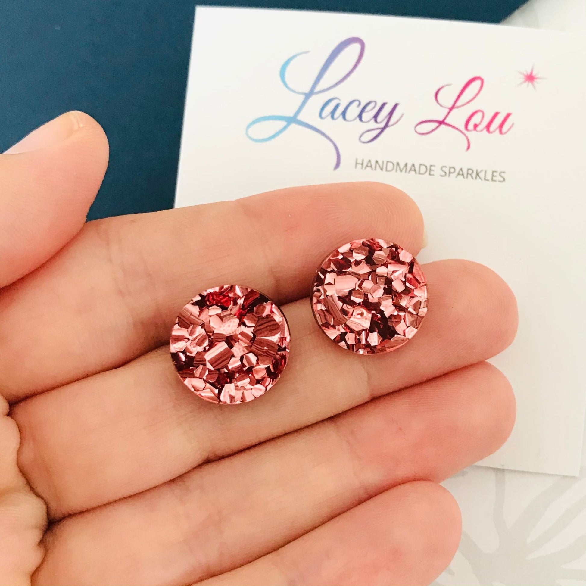Small Round Acrylic Studs (15mm) - Rose Gold Chunky Glitter - Lacey Lou Sparkles
