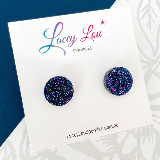 Small Round Acrylic Studs (15mm) - Space Blue Fine Glitter - Lacey Lou Sparkles