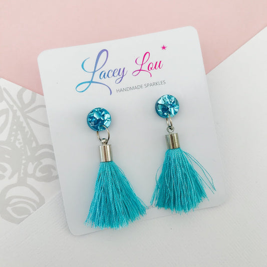Small Silk Tassel Earrings - Baby Blue - Lacey Lou Sparkles