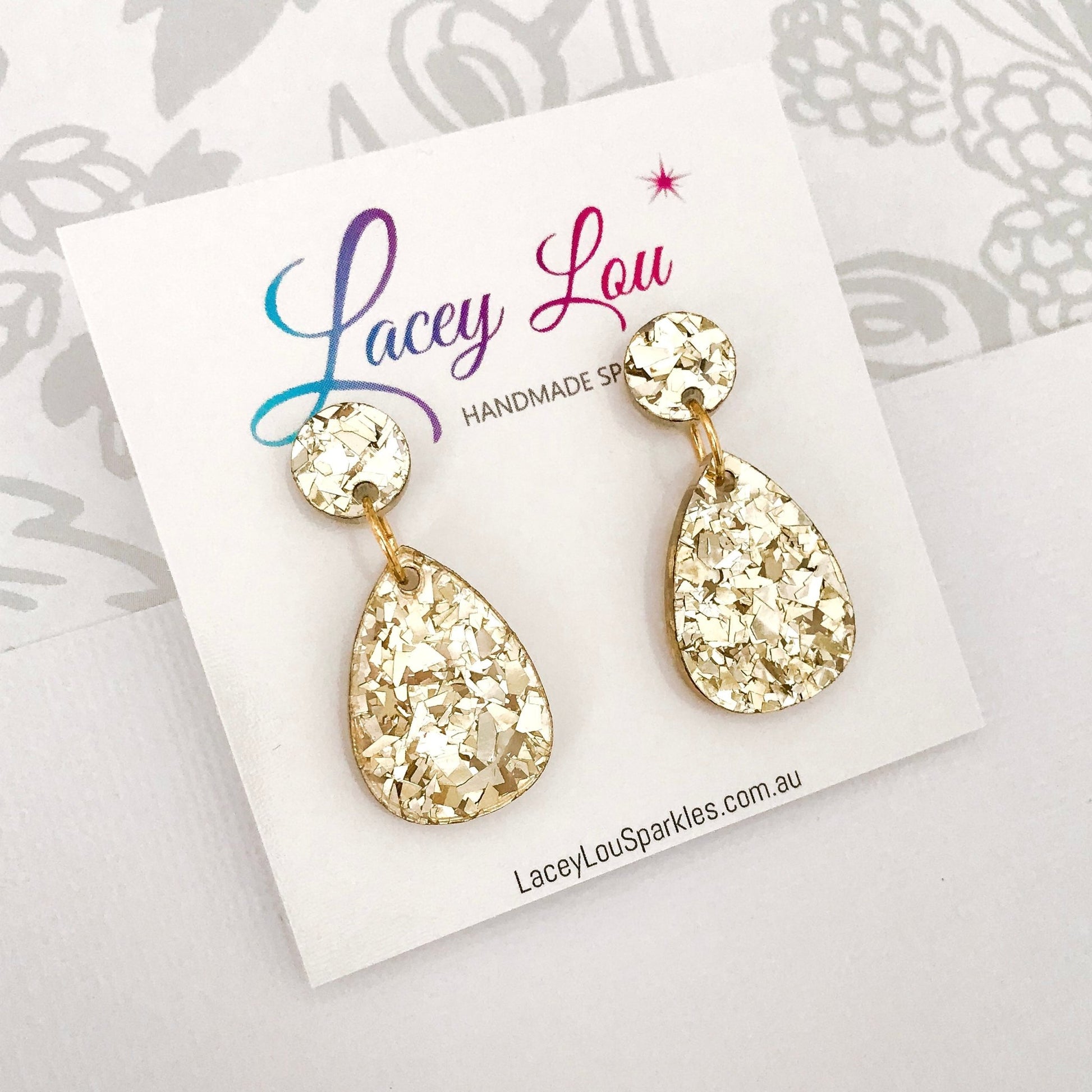 Small Teardrop Dangle - Luxe Gold Sparkle Acrylic Earrings - Lacey Lou Sparkles