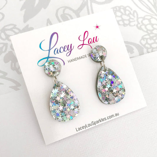 Small Teardrop Dangle - Luxe Silver Sparkle Acrylic Earrings - Lacey Lou Sparkles