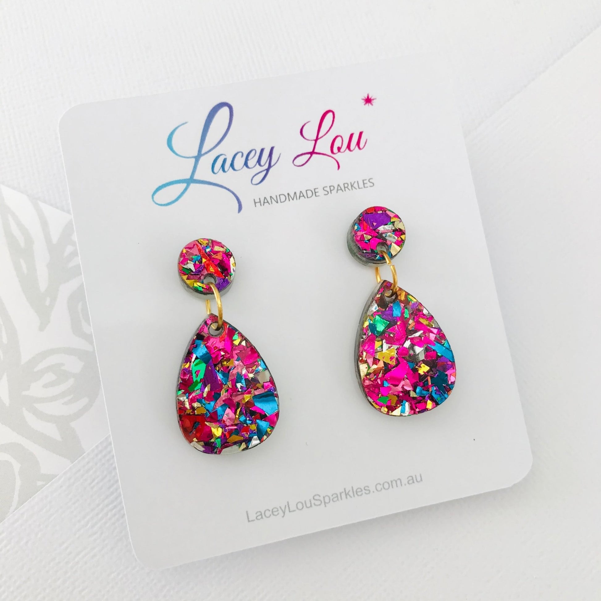 Small Teardrop Dangle - Rainbow Glitter Acrylic Earrings - Lacey Lou Sparkles