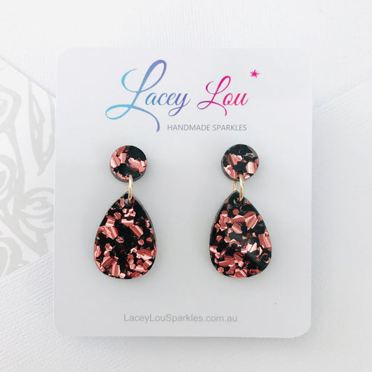Small Teardrop Dangle - Rose Gold and Black Acrylic Earrings - Lacey Lou Sparkles