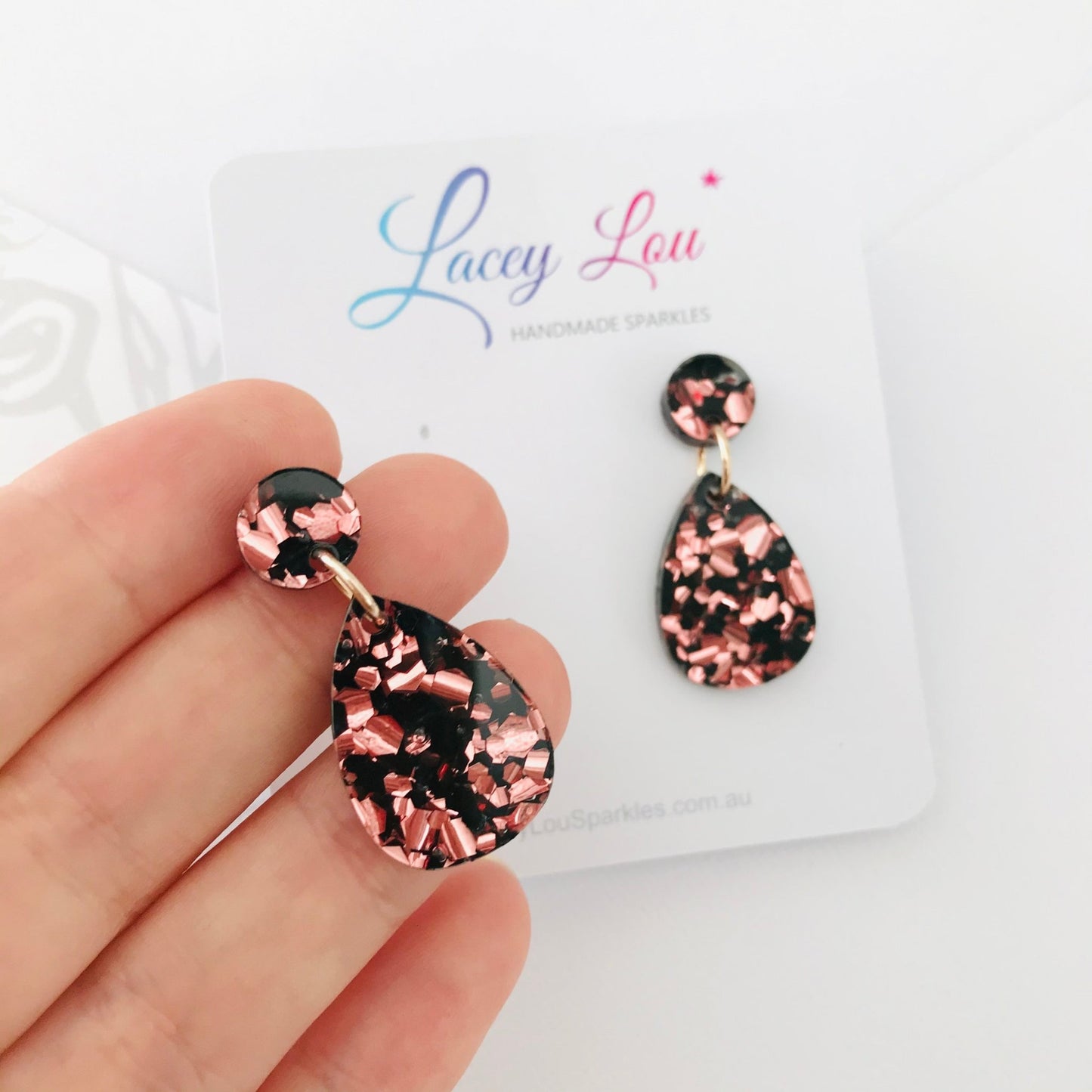 Small Teardrop Dangle - Rose Gold and Black Acrylic Earrings - Lacey Lou Sparkles
