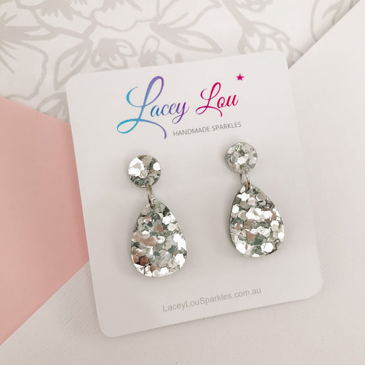 Small Teardrop Dangle - Silver Glitter Acrylic Earrings - Lacey Lou Sparkles