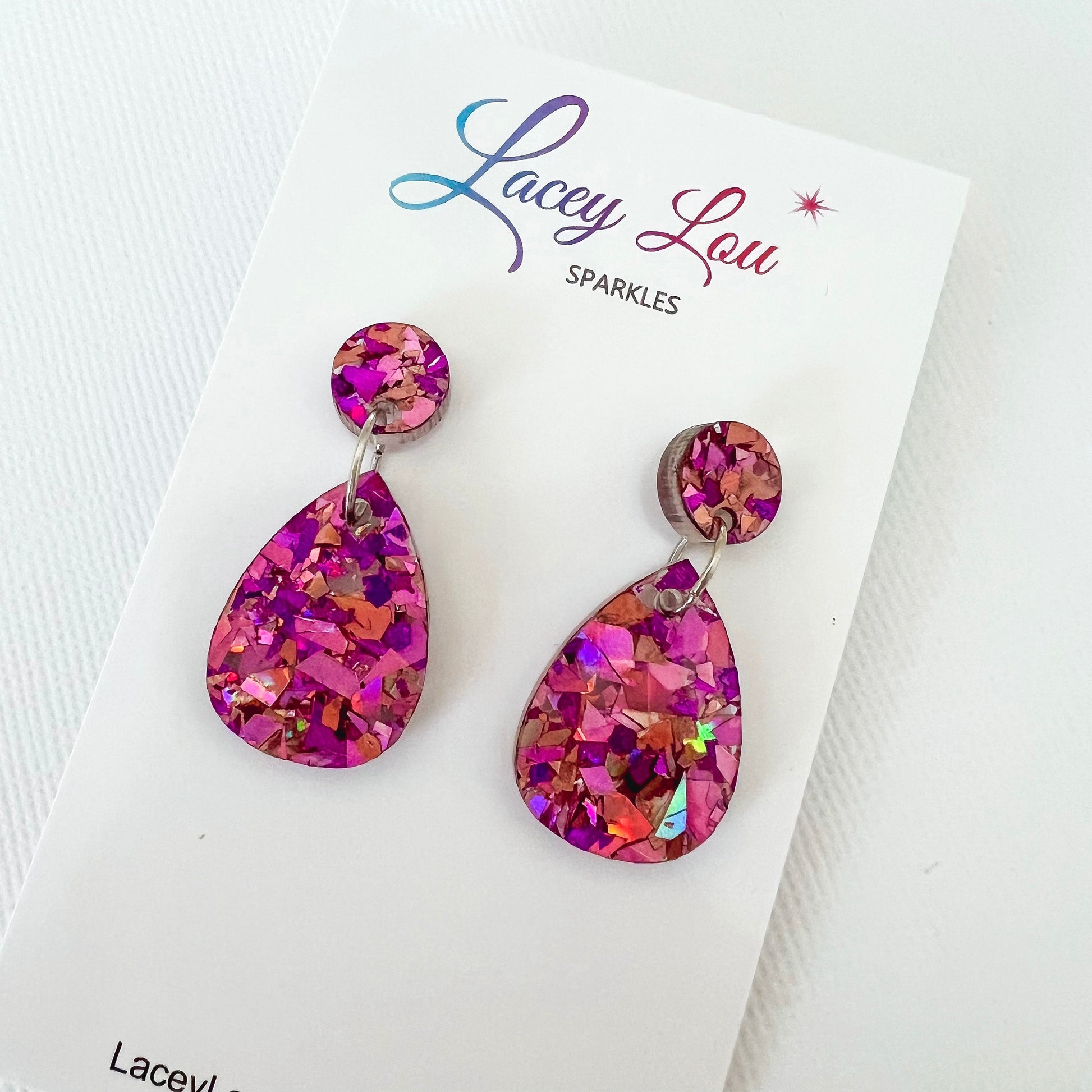 Small Teardrop Dangle - Unicorn Pink Glitter Acrylic Earrings - Lacey Lou Sparkles