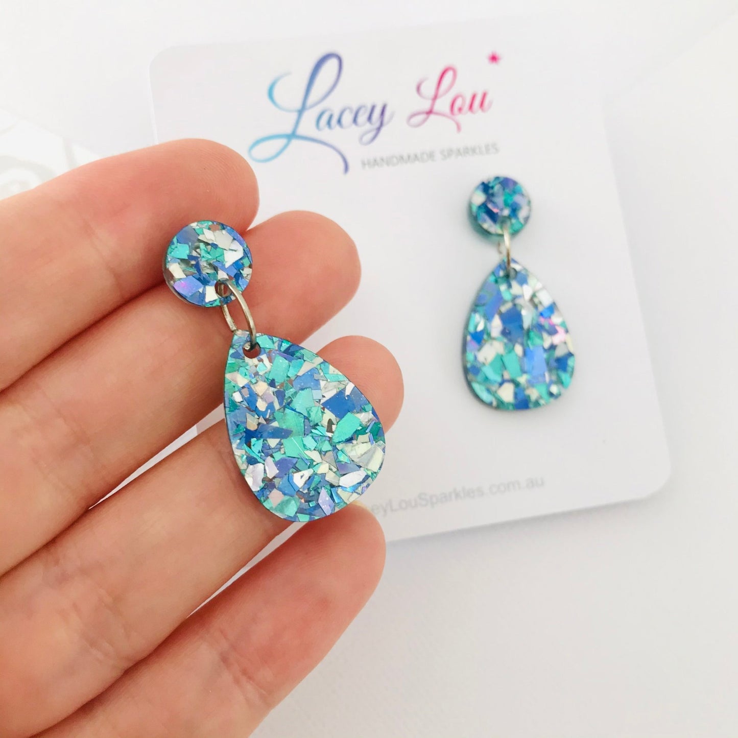 Small Teardrop Dangles - Ice Blue Glitter Acrylic Earrings - Lacey Lou Sparkles