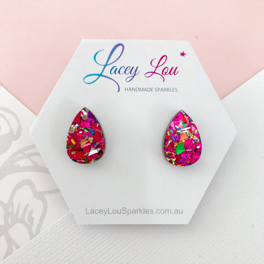 Small Teardrop Stud - Rainbow Glitter - Lacey Lou Sparkles