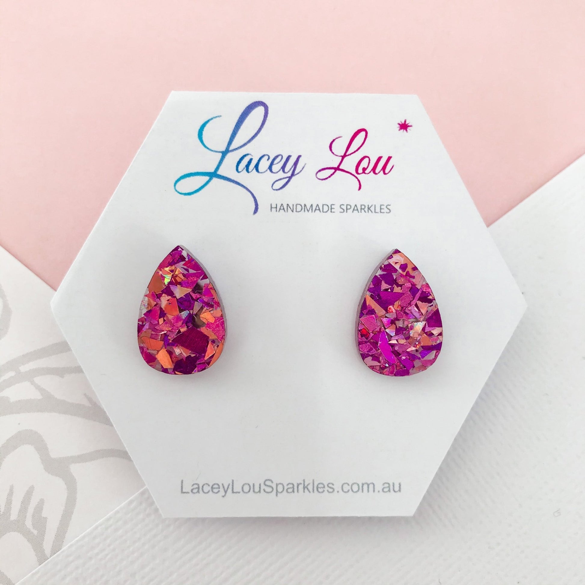 Small Teardrop Stud - Unicorn Pink Glitter - Lacey Lou Sparkles