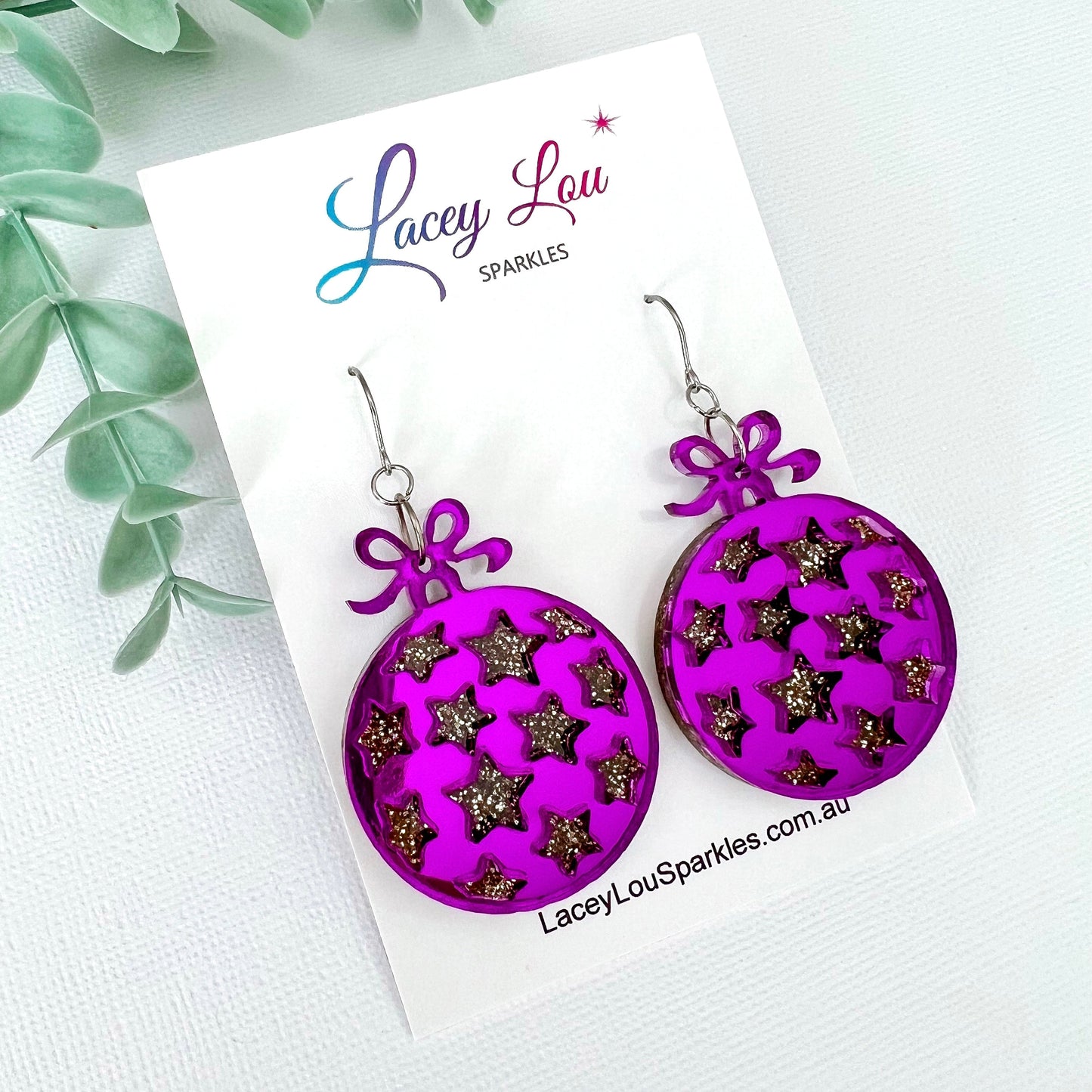 Star Christmas Bauble Earrings - Purple - Lacey Lou Sparkles