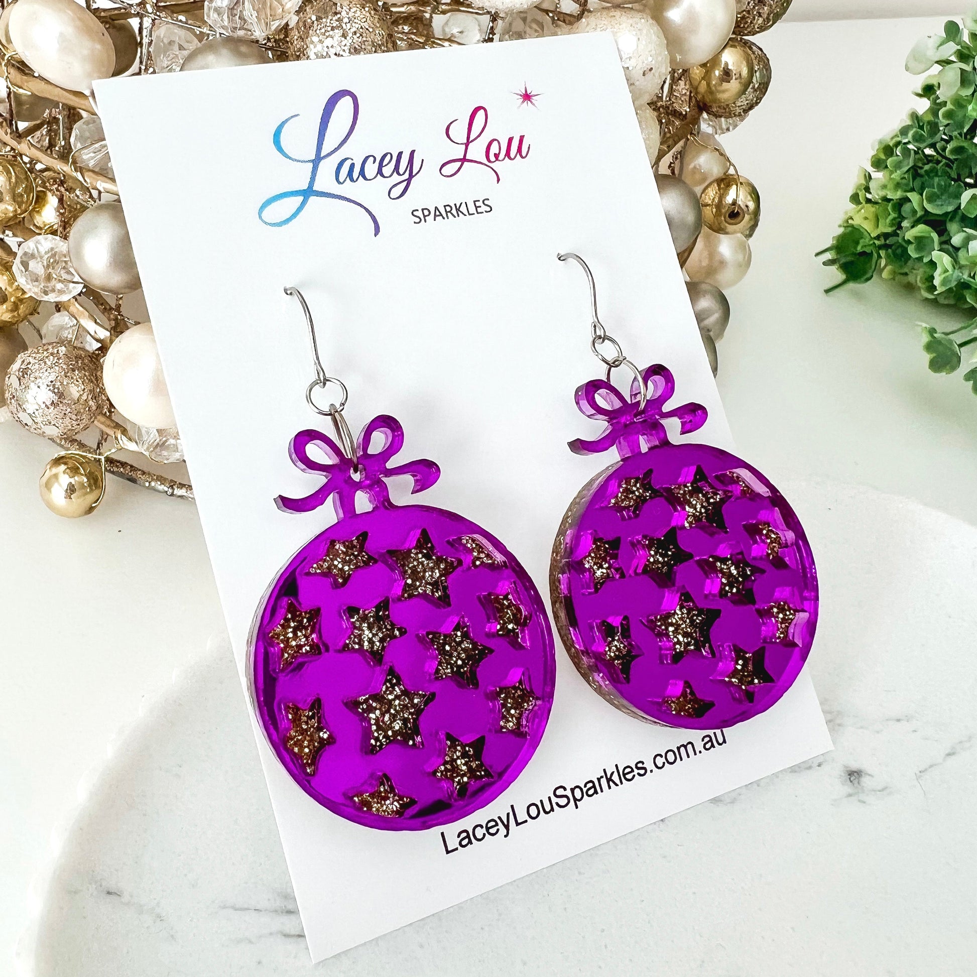 Star Christmas Bauble Earrings - Purple - Lacey Lou Sparkles