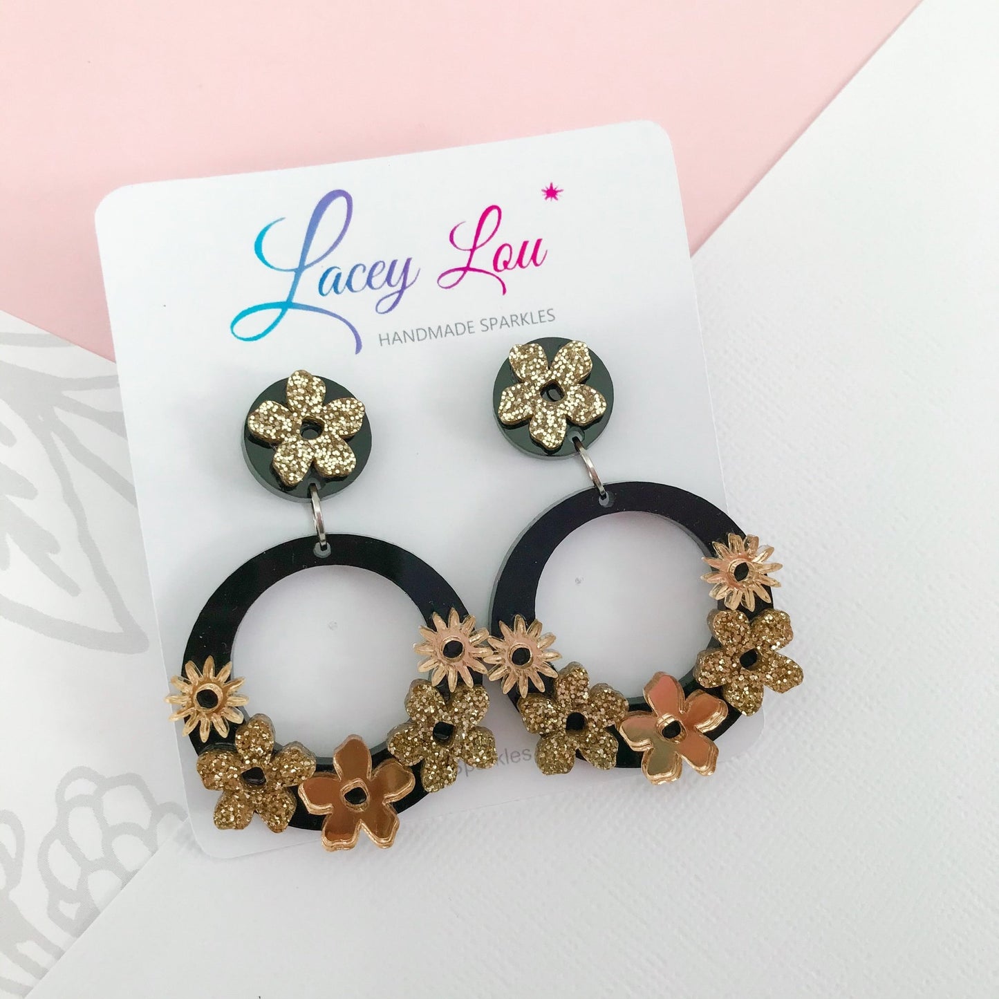 Statement Floral Dangles - Gold and Black Acrylic Earrings - Lacey Lou Sparkles