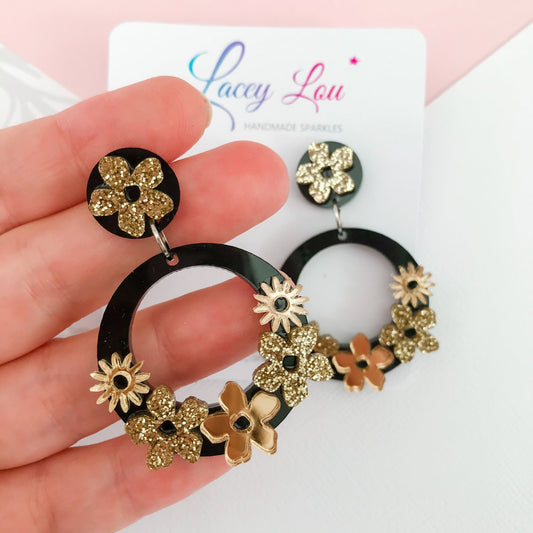 Statement Floral Dangles - Gold and Black Acrylic Earrings - Lacey Lou Sparkles