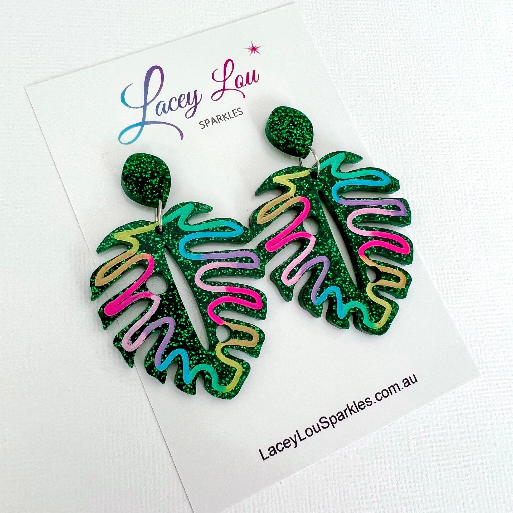 Statement Monstera Acrylic Dangles - Green - Lacey Lou Sparkles